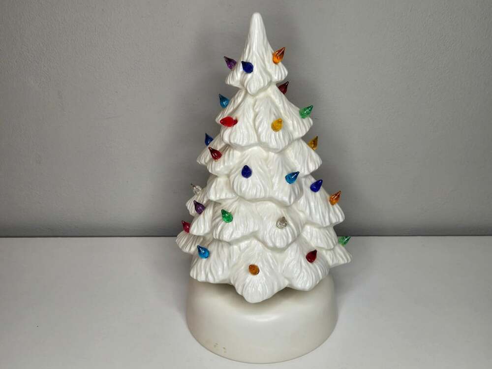 Narco Vintage Ceramic Christmas Tree White Musical Base Glossy Glaze